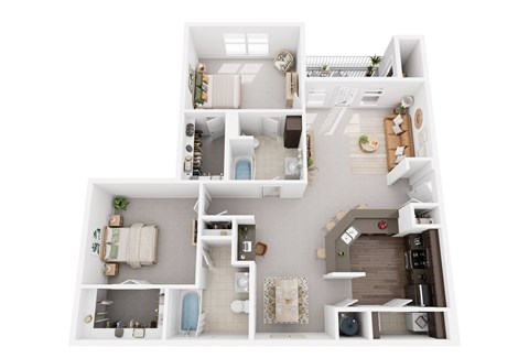 A 3D view of an apartment layout with a kitchen, living room, and bathroom.